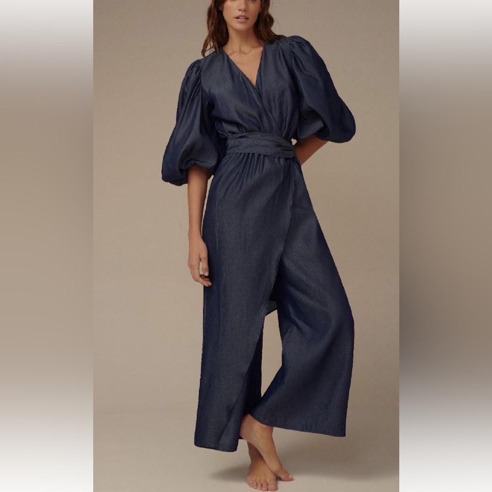 Padova Tencel Chambray Wide Leg Wrap Front Puff Sleeve‎ Tie Jumpsuit Medium Boho